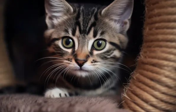 Кошка, взгляд, поза, котенок, серый, портрет, веревка, мех