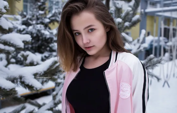Зима, взгляд, снег, модель, портрет, макияж, прическа, шатенка