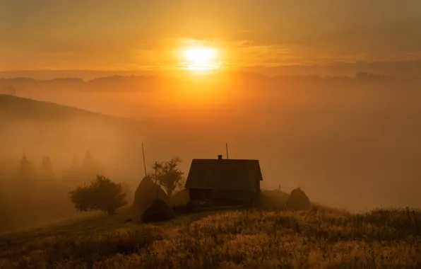 Картинка солнце, туман, восход, холмы, домик, Село, изба, сруб