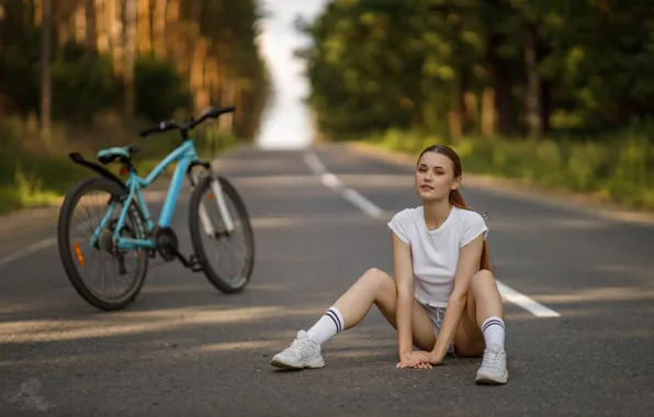 Bicycle, road, shorts, trees, nature, butterfly, model, tattoo