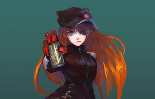 Девушка, арт, повязка, Аниме, напиток, Anime, Neon Genesis Evangelion, Asuka Langley Soryu