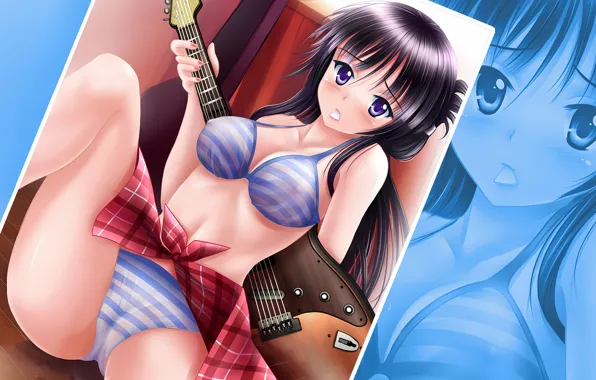 Girl, guitar, sexy, cleavage, K-On, erect nipples, long hair, legs