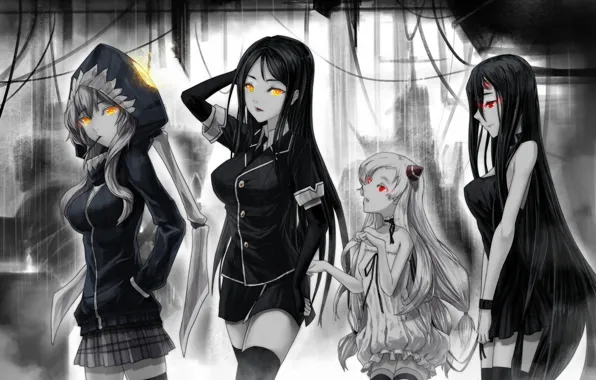 Картинка девушки, аниме, арт, капюшон, рога, ddddddd, kantai collection, ru-class battleship