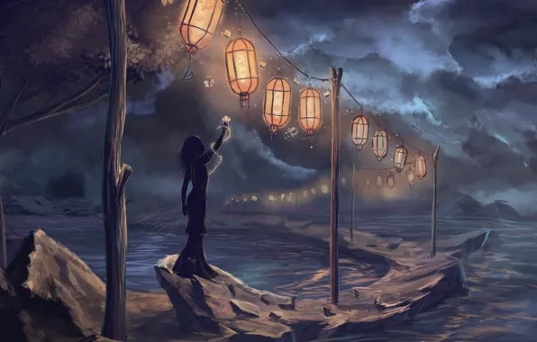 Картинка девушка, ночь, дождь, арт, фонари