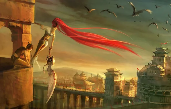 Картинка девушка, птицы, город, высота, меч, Heavenly Sword, арт, рыжая