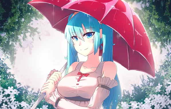 Картинка девушка, улыбка, дождь, зонт, аниме, арт, vocaloid, hatsune miku
