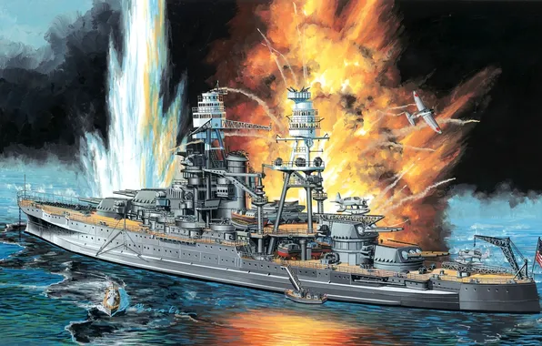 Картинка огонь, атака, рисунок, корабль, взрывы, арт, американский, WW2
