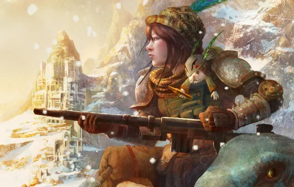 Картинка девушка, снег, горы, оружие, перо, шапка, кролик, патрон