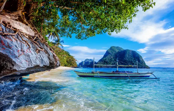 Океан, побережье, лодка, Philippines, El Nido, Palawan