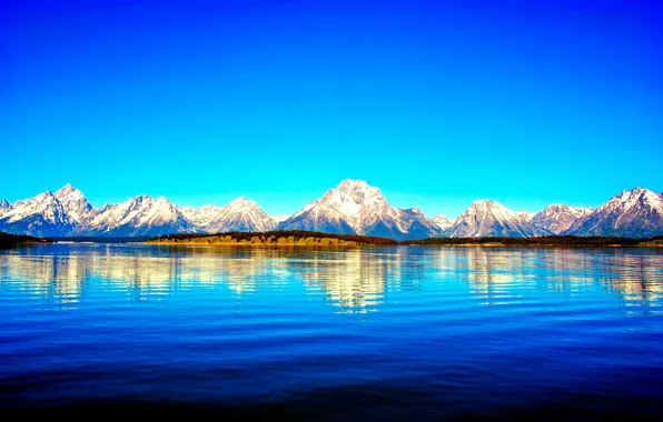 Картинка снег, горы, озеро, отражение