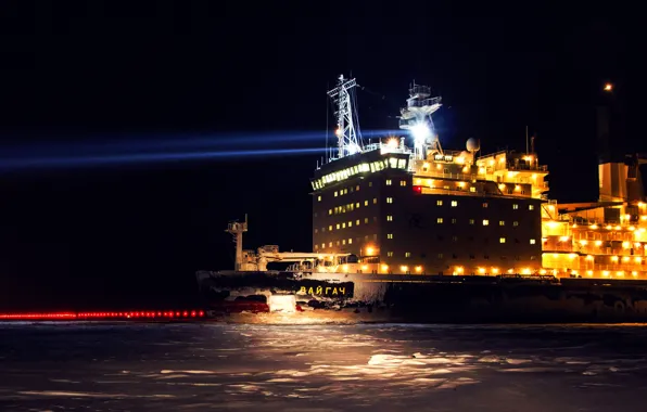 Океан, Море, Ночь, Лед, Ледокол, Судно, Россия, Прожектор