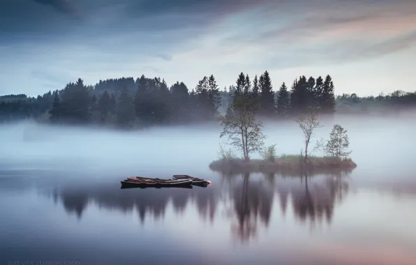 Картинка лес, природа, озеро, лодки, дымка