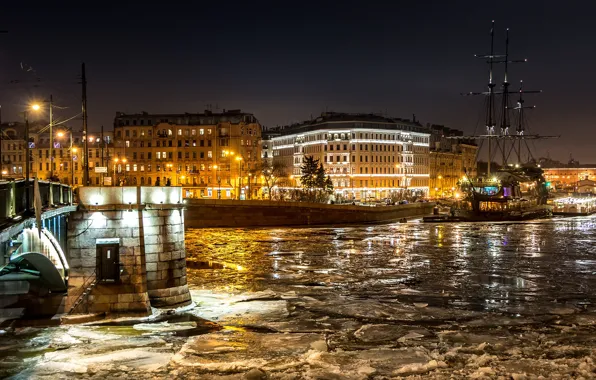 Картинка лед, зима, снег, ночь, мост, огни, река, корабль