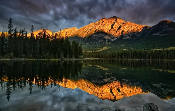 Горы, озеро, отражение, Канада, Alberta, Canada, Jasper National Park, Pyramid Lake