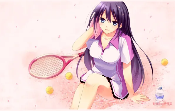 Картинка девушка, спорт, полотенце, аниме, лепестки, платье, арт, теннисистка