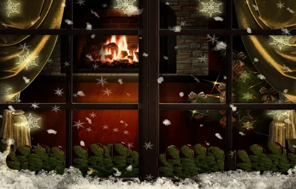 Снежинки, елка, рождество, окно, камин