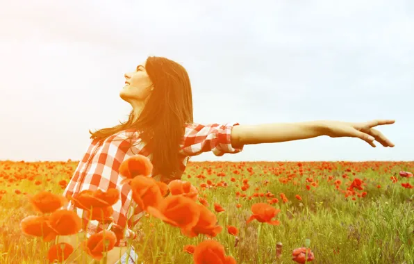 Картинка поле, свобода, листья, девушка, солнце, радость, цветы, красный