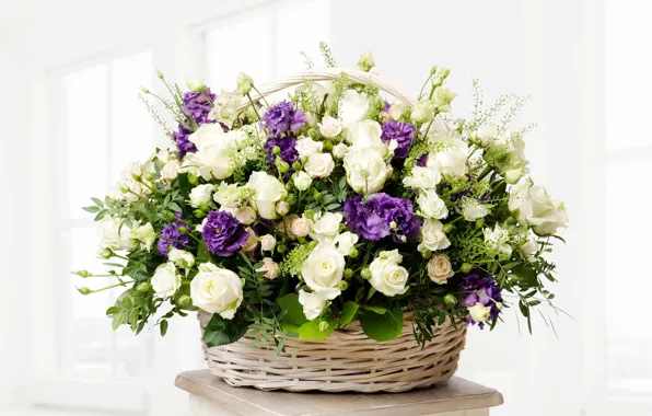 Корзина, розы, букет, бутоны, roses, basket, эустома, роскошный
