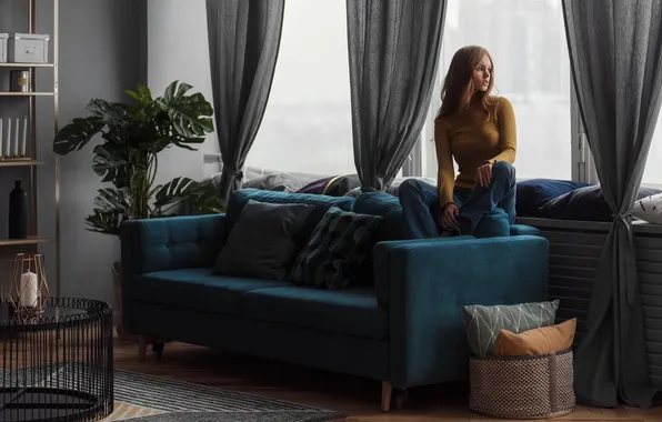 Woman, young, beautiful, model, room, interior, long-haired, sweater