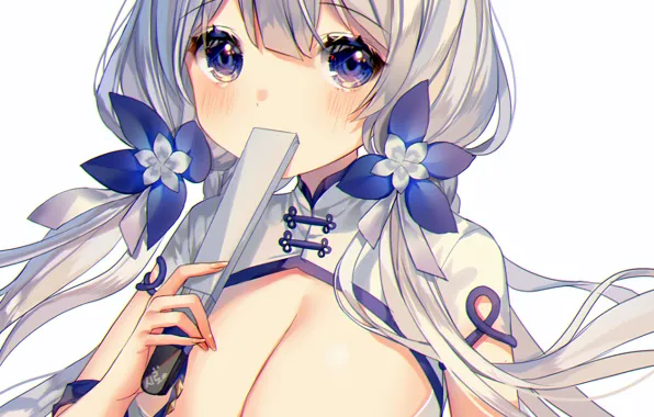 Girl, sexy, cleavage, blouse, long hair, boobs, anime, blue eyes