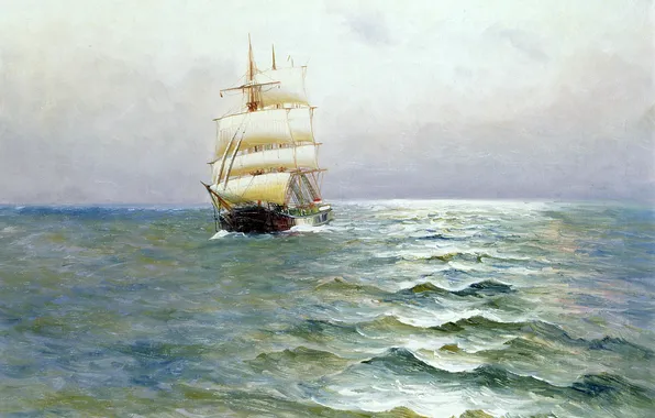 Картинка море, небо, пейзаж, корабль, картина, паруса, Alfred Jansen