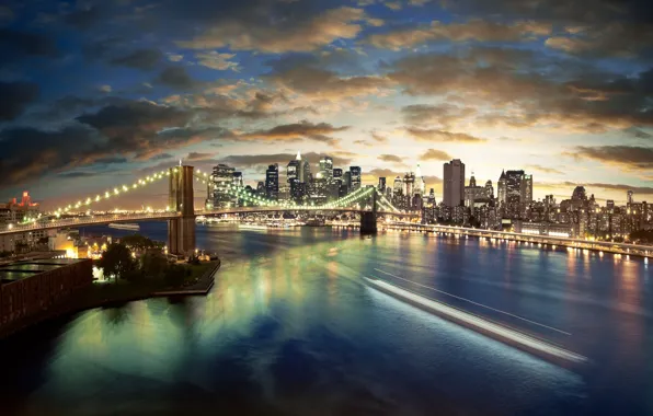 Картинка море, облака, пейзаж, ночь, city, город, lights, огни, здания, мосты, sea, landscape, bridge, night, cloud, …