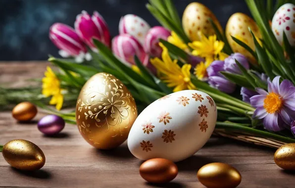 Цветы, яйца, весна, colorful, Пасха, happy, flowers, spring