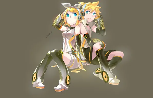 Девушка, фон, аниме, наушники, парень, двое, Vocaloid, Вокалоид