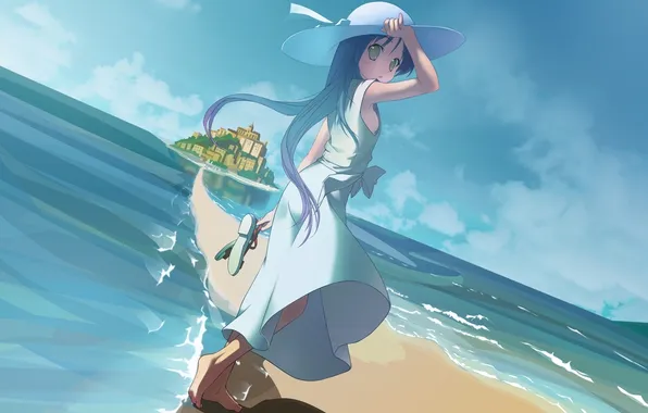 Картинка море, пляж, город, рисунок, шляпа, аниме, горизонт, девочка
