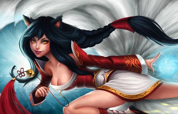 Девушка, арт, коса, колокольчик, ушки, league of legends, хвосты, ahri