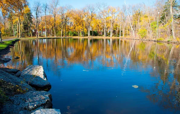 Картинка осень, деревья, пруд, парк, камни, скамья