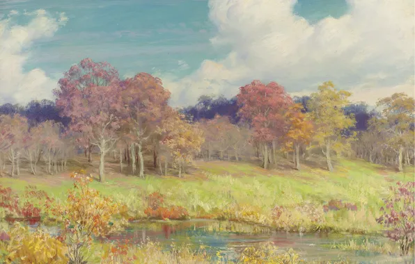 Картинка осень, лес, река, Charles Curan