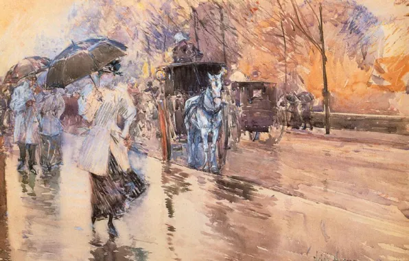 Картинка люди, дождь, картина, Фредерик Чайлд Хассам, импрессионизм