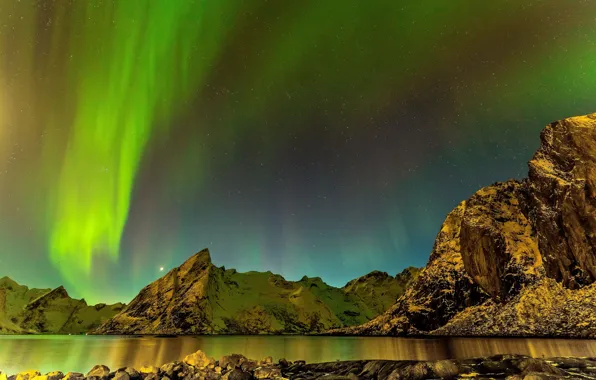 Картинка море, звезды, пейзаж, горы, ночь, камни, северное сияние, Исландия