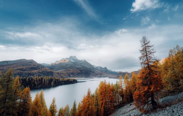 Картинка sky, trees, landscape, nature, mountains, clouds, lake, fall