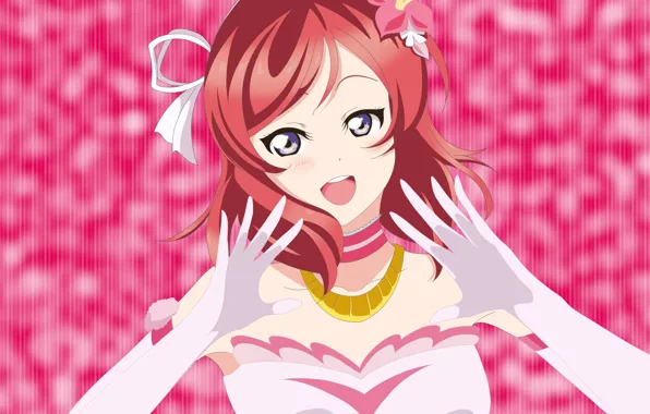 Линии, улыбка, девочка, розовый фон, Love Live School Idol Project, Живая любовь