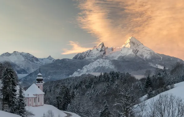Зима, лес, горы, Германия, Бавария, церковь, панорама, Germany