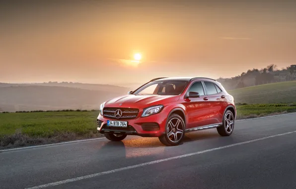 Mercedes, sunset, fog, gla