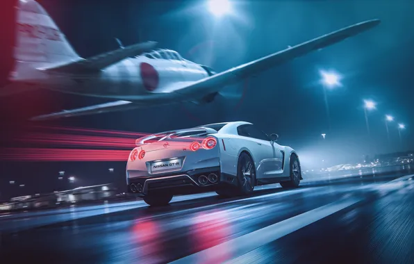 Белый, Самолет, Истребитель, GTR, Japan, Nissan, Car, Speed