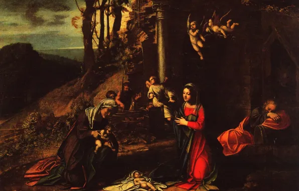 Картинка Антонио Аллегри Корреджо, а также спящим Иосифом, Рождение Христа, со св. Елизаветой и Иоанном Крестителем