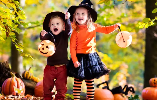 Картинка осень, радость, дети, шляпа, девочка, Halloween, тыква, Хеллоуин