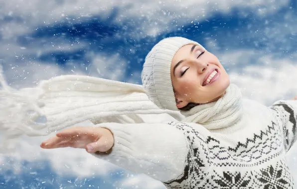 Картинка зима, девушка, снег, радость, ветер, шарф, шапочка, свитер