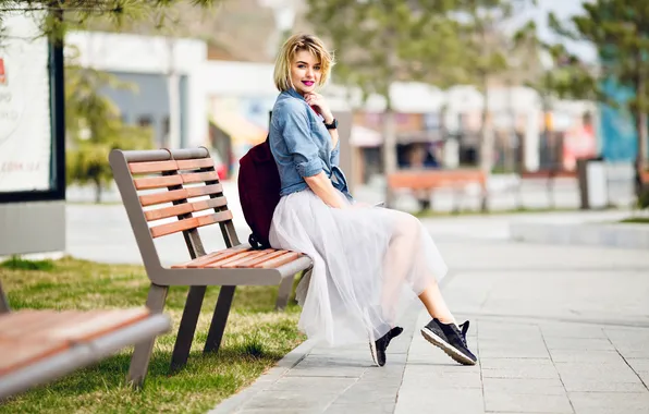 Girl, park, blonde, benches