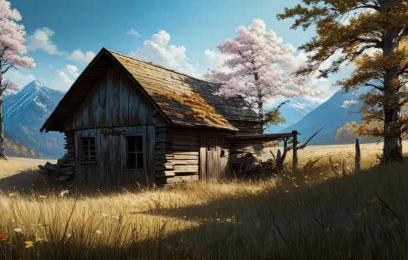 Поле, облака, горы, природа, дом, дерево, избушка, домик