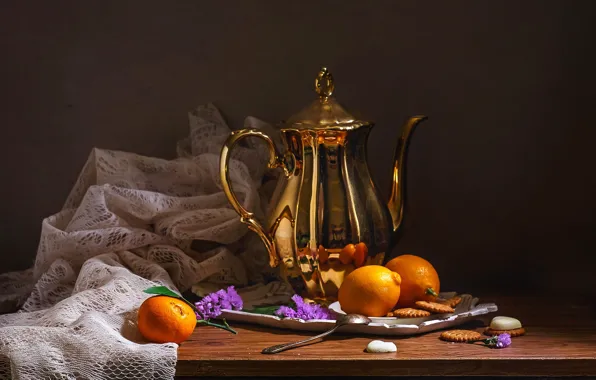 Цветы, металл, стол, чайник, печенье, ложка, ткань, позолота