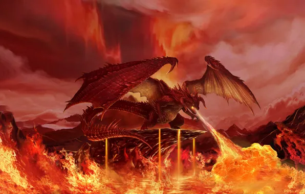 Небо, Дракон, Огонь, Пламя, Fantasy, Dragon, Арт, Art