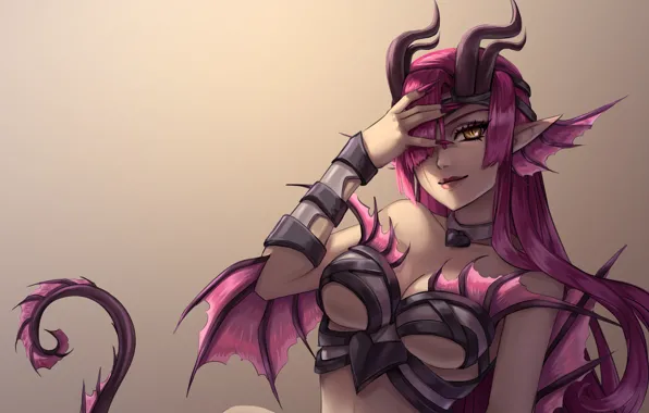 Грудь, взгляд, девушка, демон, хвост, рога, succubus
