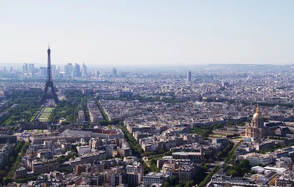 Небо, деревья, улица, башня, париж, дома, панорама, Paris