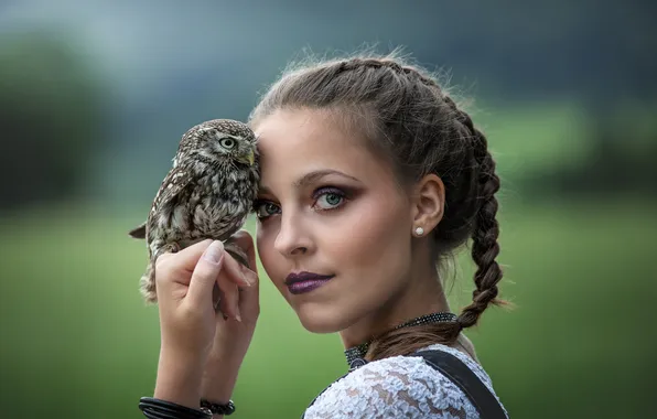 Взгляд, девушка, поза, сова, птица, портрет, макияж, сыч