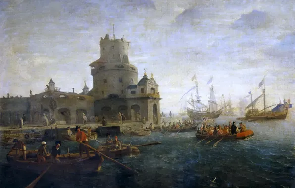Картинка море, лодка, корабль, башня, картина, форт, Гаспар ван Эйк, Морской Пейзаж